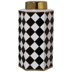 Tibor de cerámica rombos blancos/negros tapa dorada 30 cm
