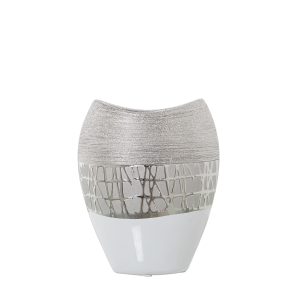 Jarrón de ceramica blanco con detalles plateados 21 cm