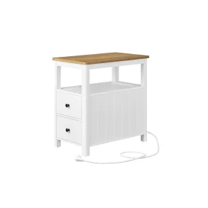 Mesa Auxiliar con 2 Cajones Marrón Nogal y Blanco
